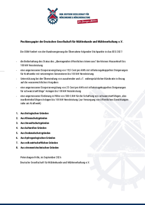 Positionspapier der DGM zur kleinen Wasserkraft 